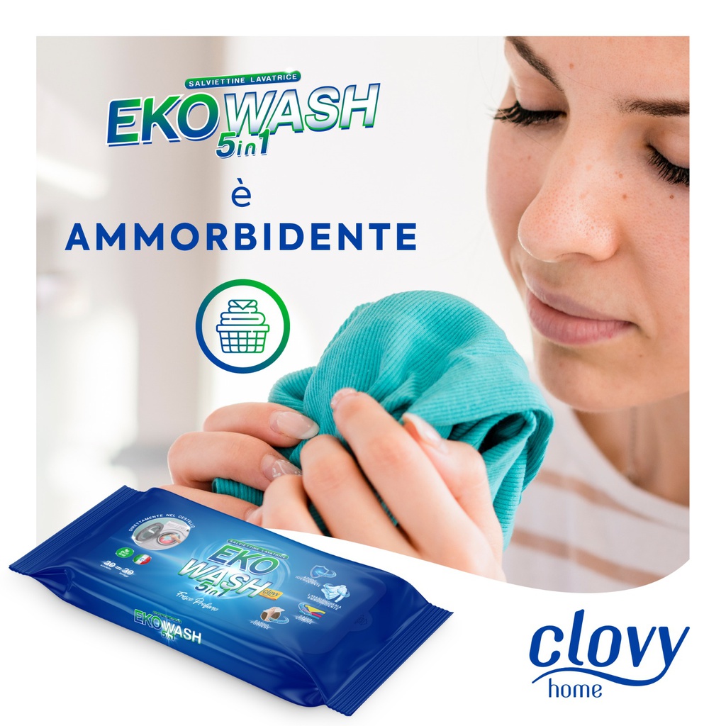 Eko Wash 5in1 - 30 salviette imbevute per bucato a 5 azioni: Lavabiancheria - Ammorbidente - Igienizzante - Salvacolore - Panno polvere