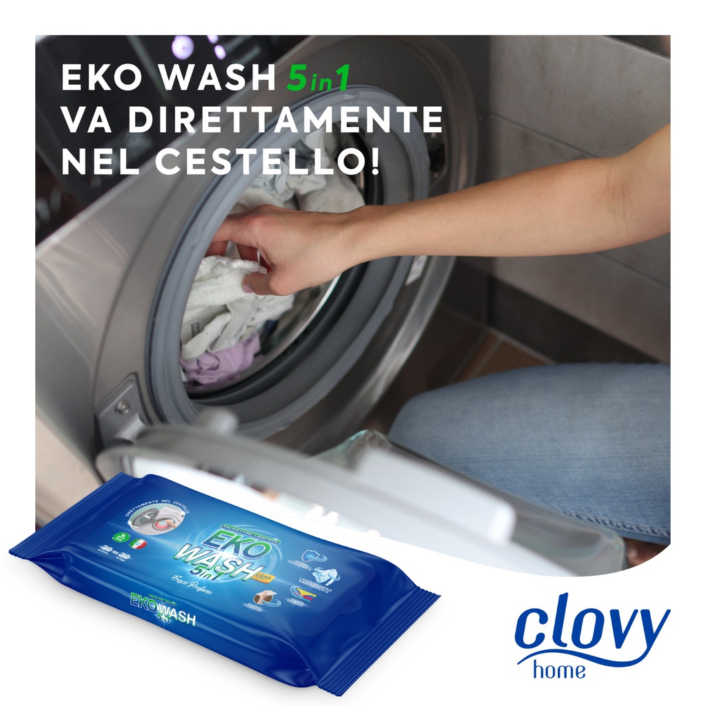 Eko Wash 5in1 - 30 salviette imbevute per bucato a 5 azioni: Lavabiancheria - Ammorbidente - Igienizzante - Salvacolore - Panno polvere