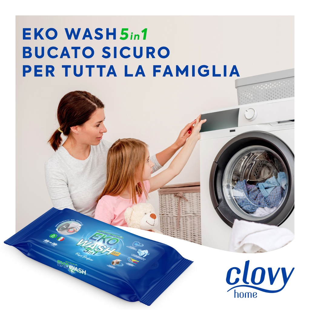 Eko Wash 5in1 - 30 salviette imbevute per bucato a 5 azioni: Lavabiancheria - Ammorbidente - Igienizzante - Salvacolore - Panno polvere