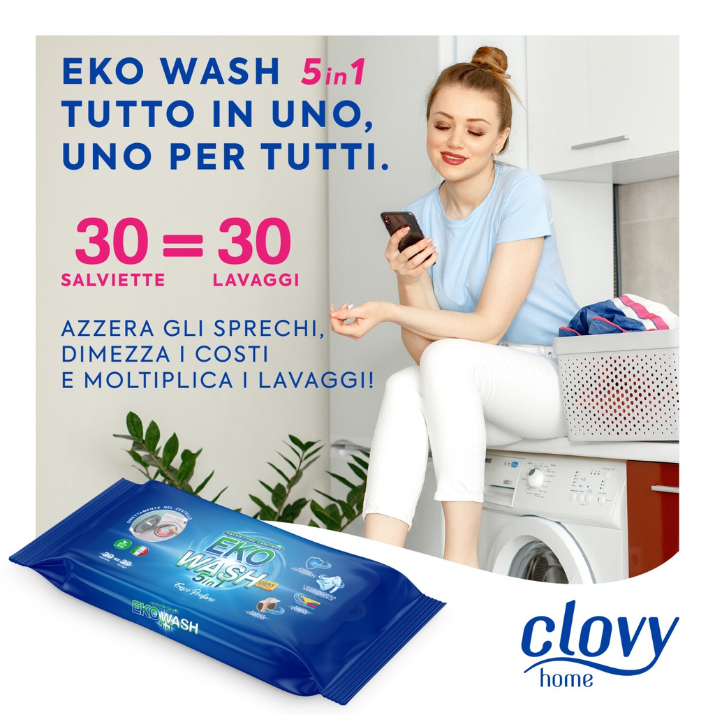 Eko Wash 5in1 - 30 salviette imbevute per bucato a 5 azioni: Lavabiancheria - Ammorbidente - Igienizzante - Salvacolore - Panno polvere