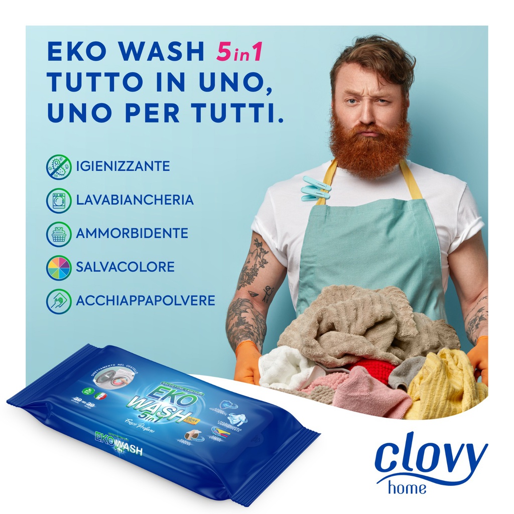 Eko Wash 5in1 - 30 salviette imbevute per bucato a 5 azioni: Lavabiancheria - Ammorbidente - Igienizzante - Salvacolore - Panno polvere