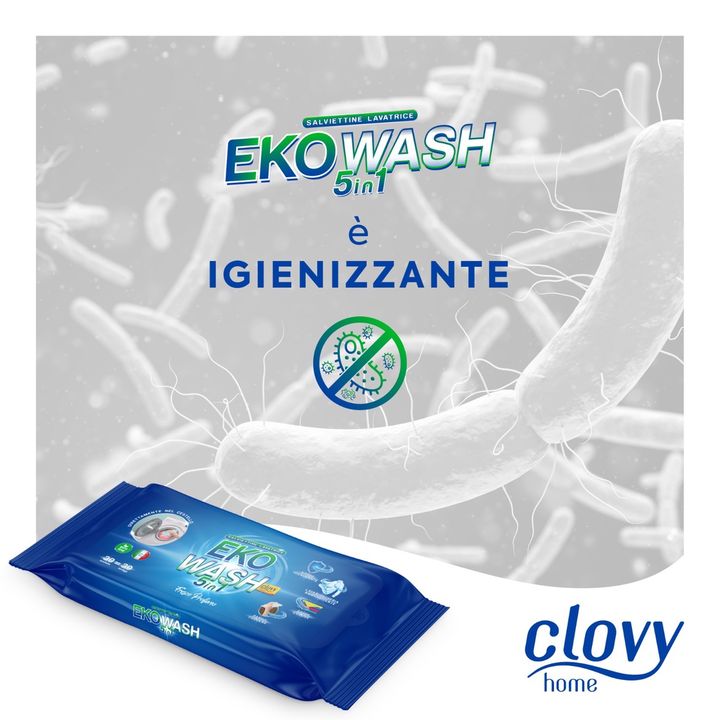Eko Wash 5in1 - 30 salviette imbevute per bucato a 5 azioni: Lavabiancheria - Ammorbidente - Igienizzante - Salvacolore - Panno polvere