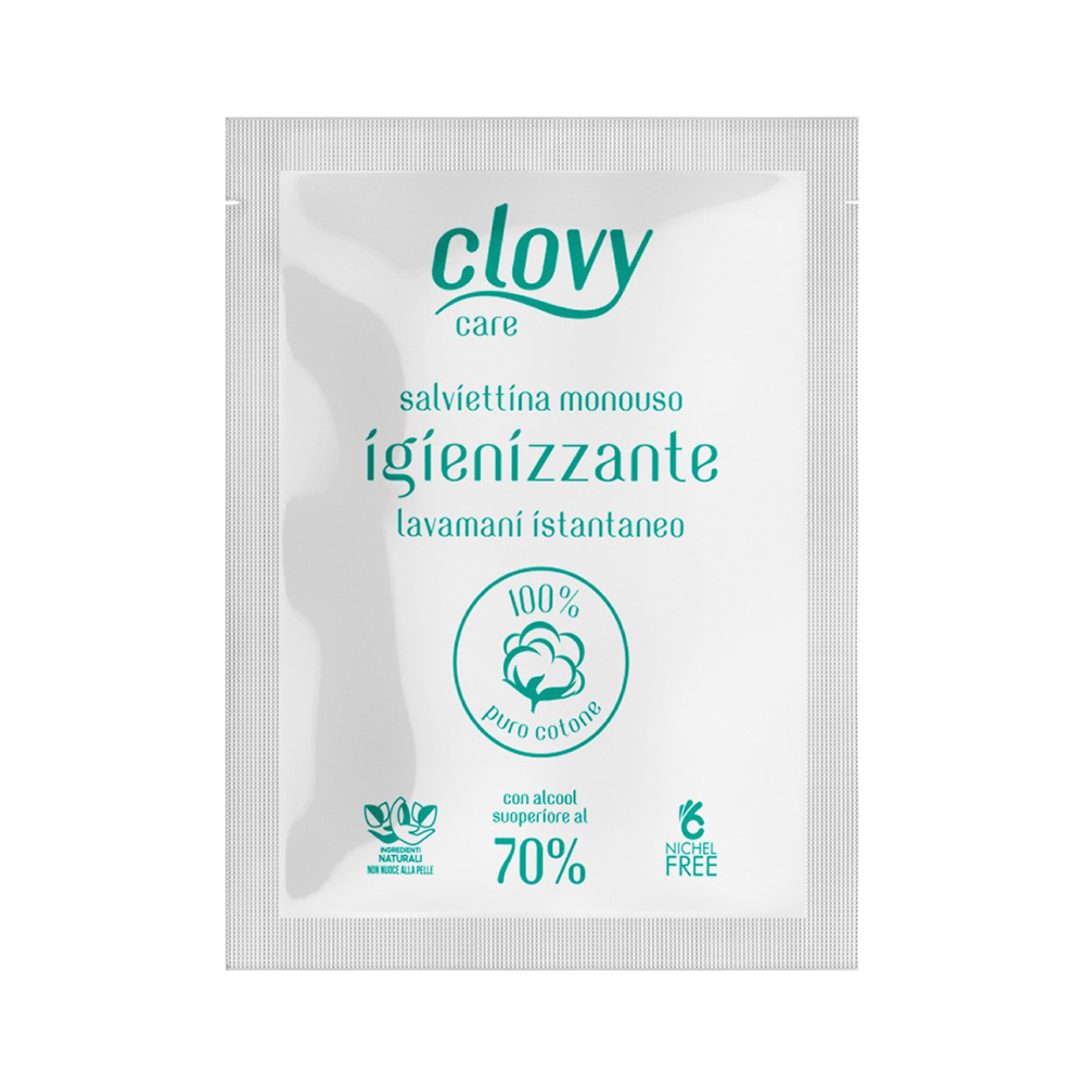 Kit Salviettine igienizzanti in cotone Clovy imbustata singolarmente con alcool &gt;70%