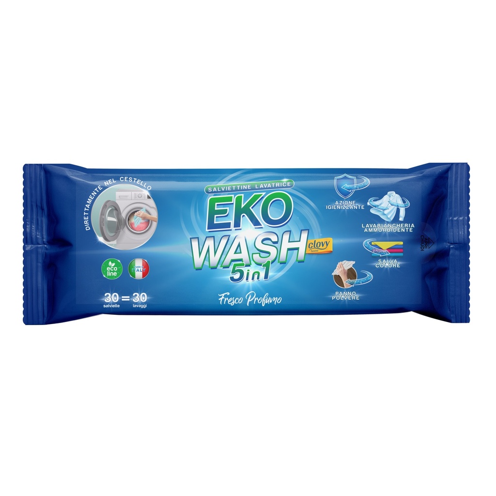 Eko Wash 5in1 - 30 salviette imbevute per bucato a 5 azioni: Lavabiancheria - Ammorbidente - Igienizzante - Salvacolore - Panno polvere