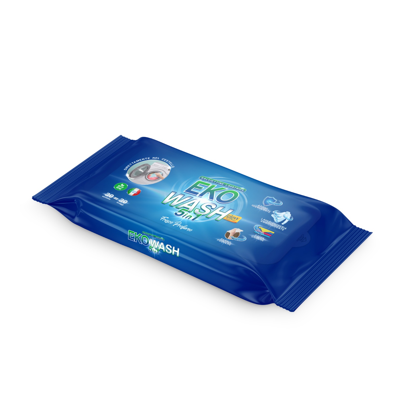 [CLV0001] Eko Wash 5in1 - 30 salviette imbevute per bucato a 5 azioni: Lavabiancheria - Ammorbidente - Igienizzante - Salvacolore - Panno polvere