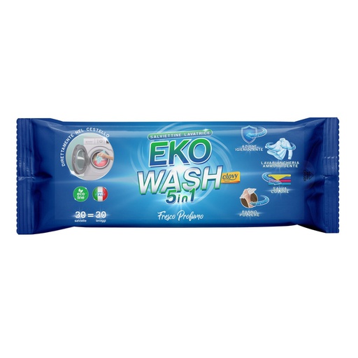 [CLV0001] Eko Wash 5in1 - 30 salviette imbevute per bucato a 5 azioni: Lavabiancheria - Ammorbidente - Igienizzante - Salvacolore - Panno polvere